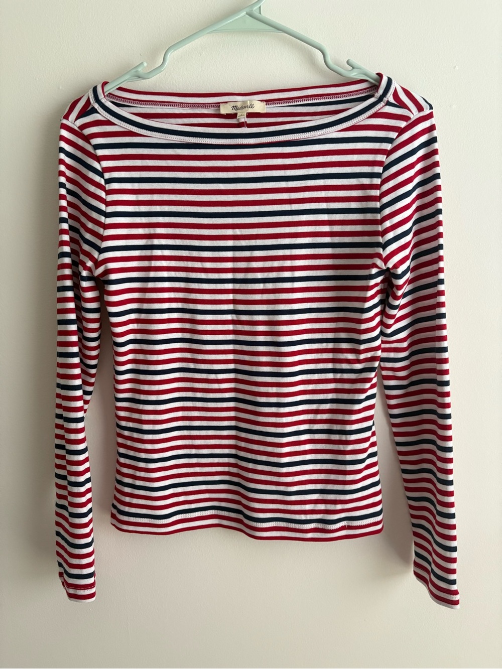Madewell Red, White & Navy Striped Long-Sleeve Boatneck Tee, Size S